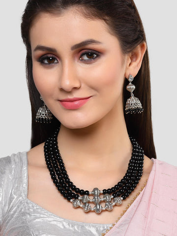 Karatcart Oxidised Silver Black Beads Kundan Necklace Set for Women