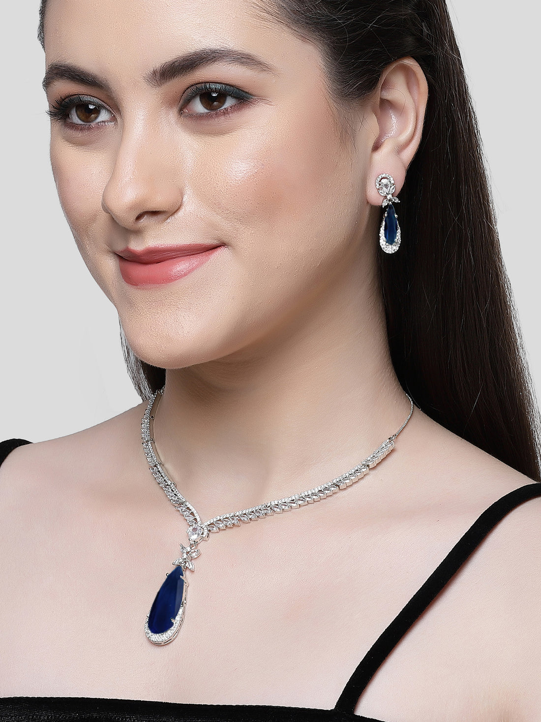 Karatcart Silver Tone Blue Drop Shape Cubic Zirconia Studded Jewellery Set for Women