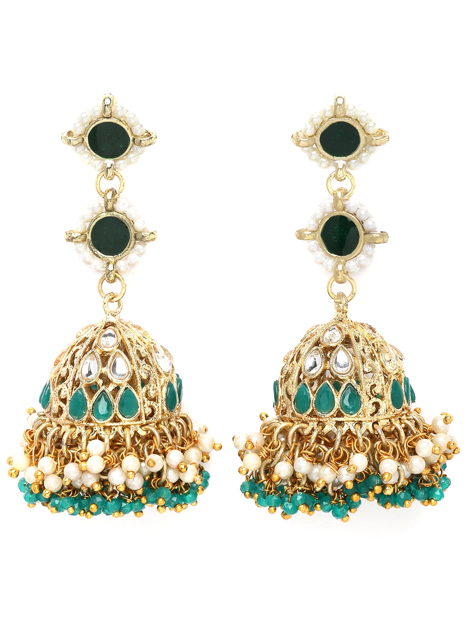 Karatcart Gold Plated Green Crystal and Pearl Studded Kundan Jhumki Earrings for Women - view 4