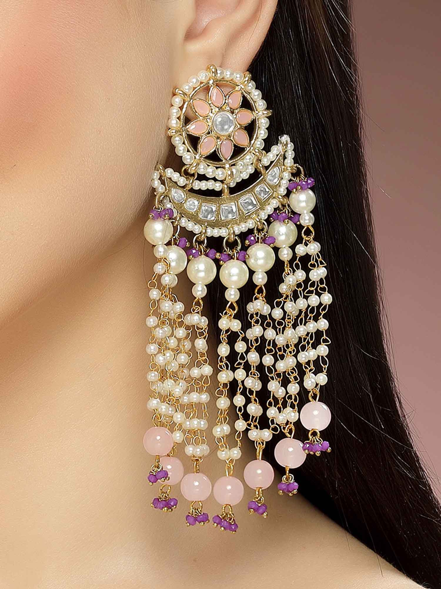 Karatcart Gold Plated Pink Beads Purple Crystals Kundan Tassel Earrings for Women - Image 1