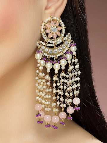 Karatcart Gold Plated Pink Beads Purple Crystals Kundan Tassel Earrings for Women