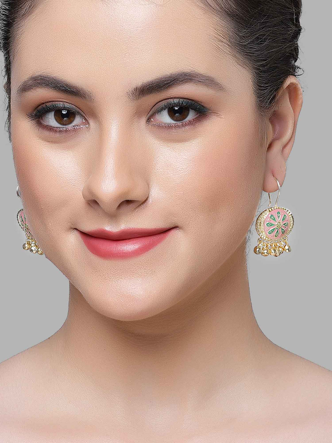 Karatcart Gold Plated Pink and Green Meena Drop Earrings for Women