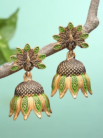 Karatcart Gold Plated Peacock Design Light Green Jhumki Earrings for Women