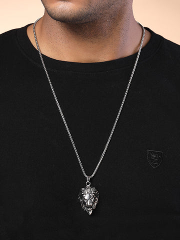 Bohey by KARATCART Silver Plated Lion Metal Chain Pendant for Men