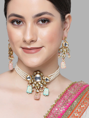 Karatcart Pink and Light Blue Tumble Studded Polki Kundan Choker Necklace Set for Women