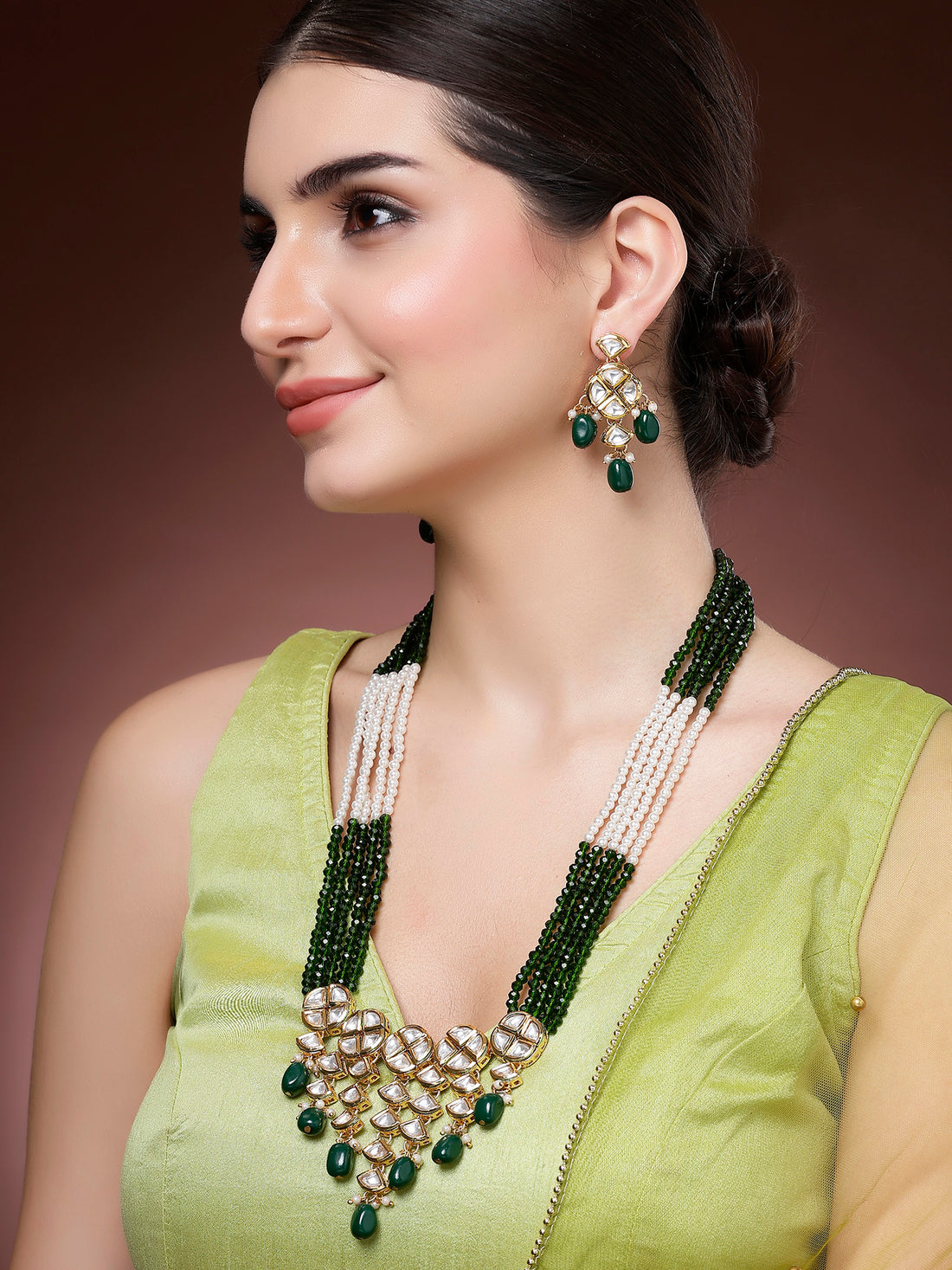 Karatcart Green Crystal Ploki Kundan Rani Haar Necklace Set for Women