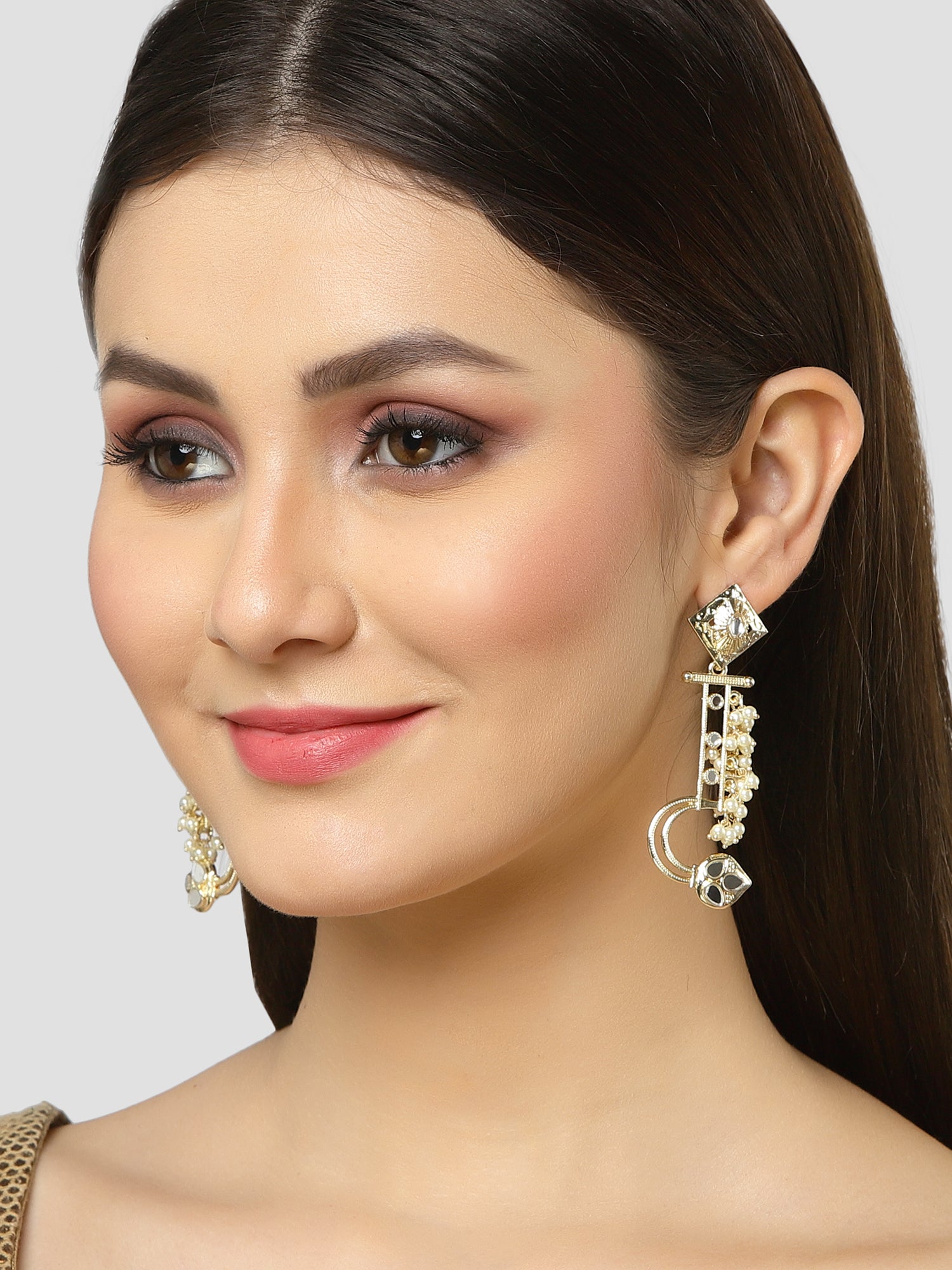 Karatcart Gold Plated Mirror Studded Pearl Dangler Earrings for Women - Image 1