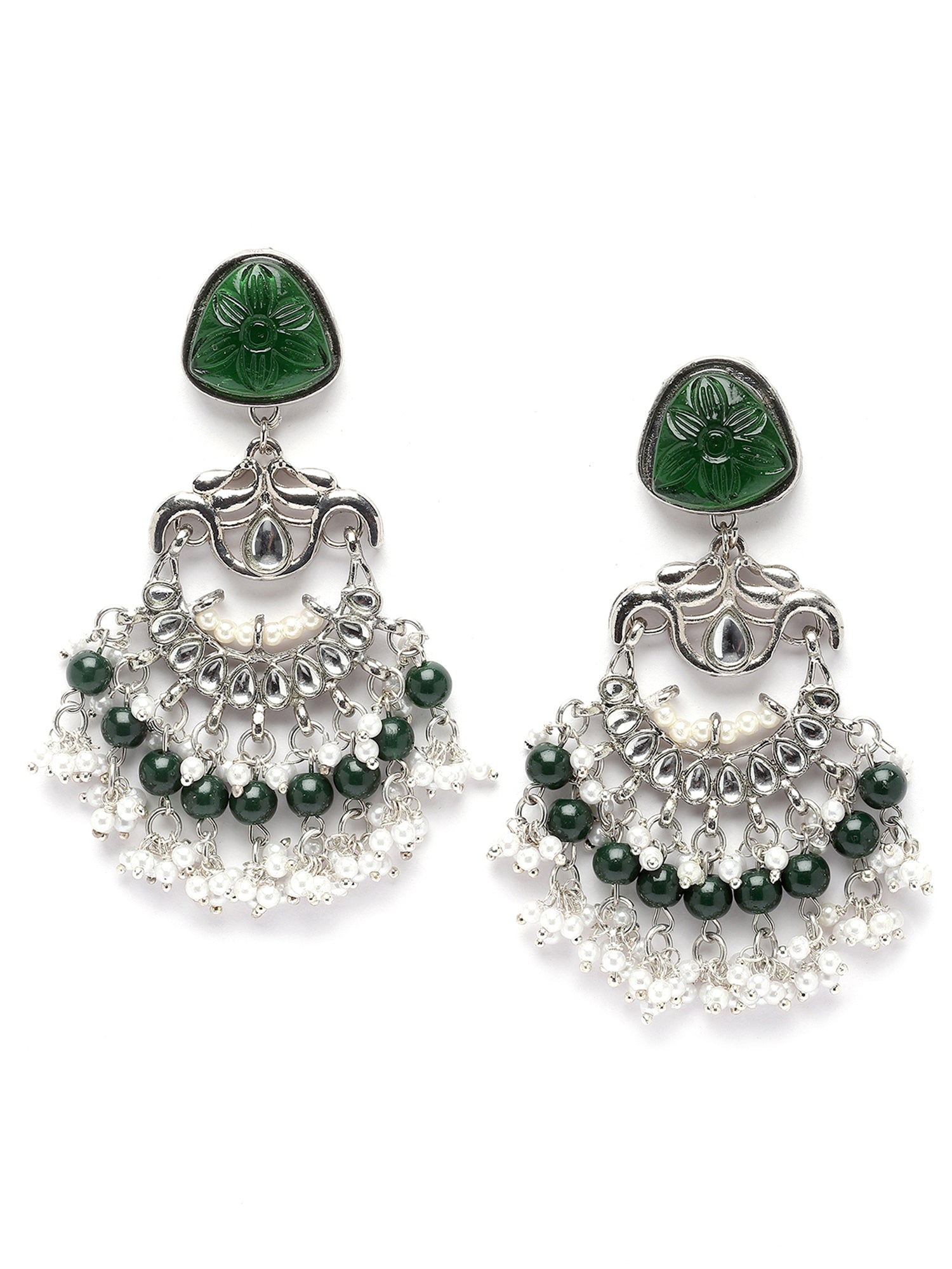 Karatcart Oxidised Silver Plated Green Carved Stone Studded Dangler Earrings for Women - view 4