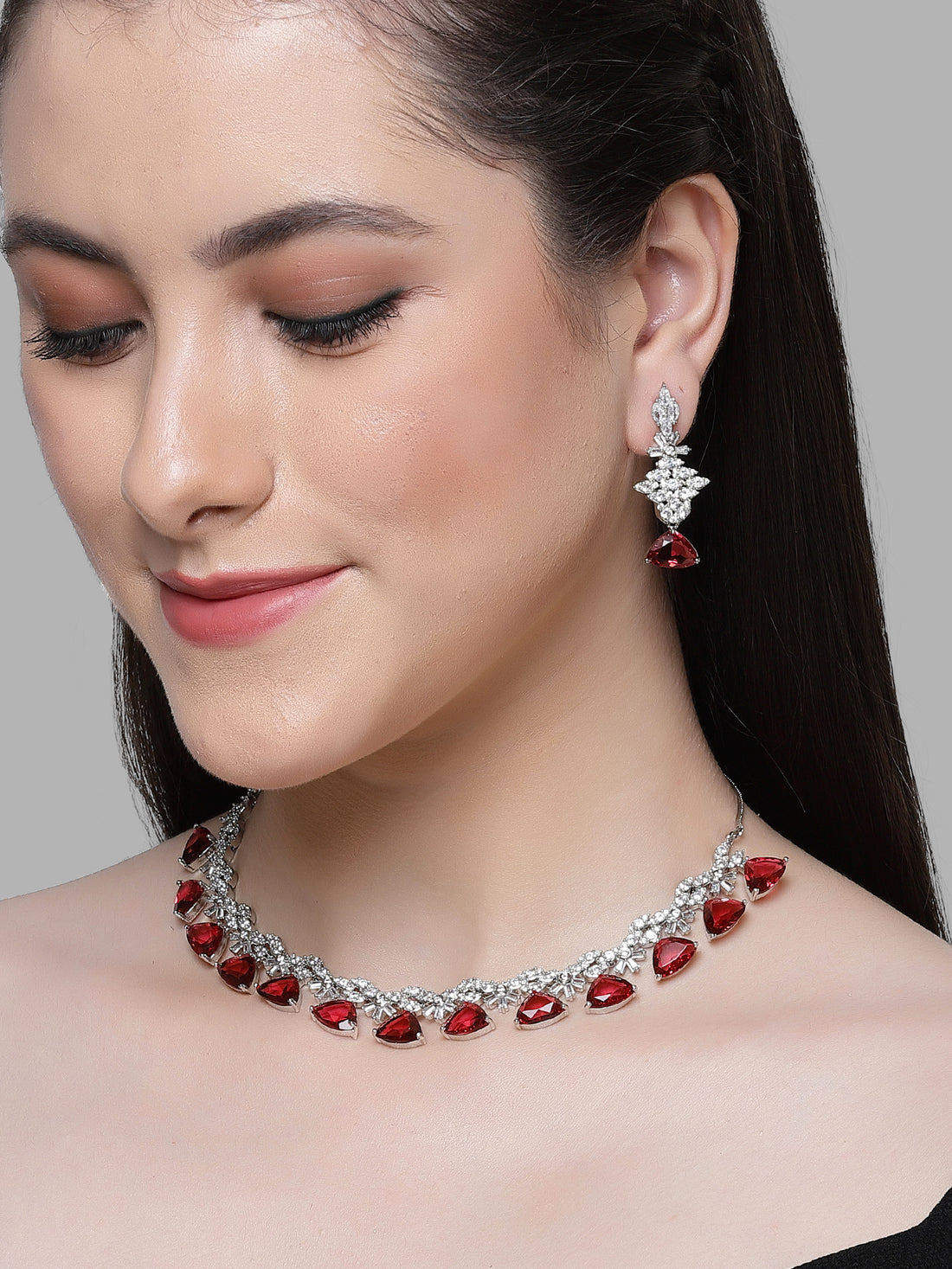 Karatcart Silver Tone Red Triangular Shape Cubic Zirconia Necklace Set for Women