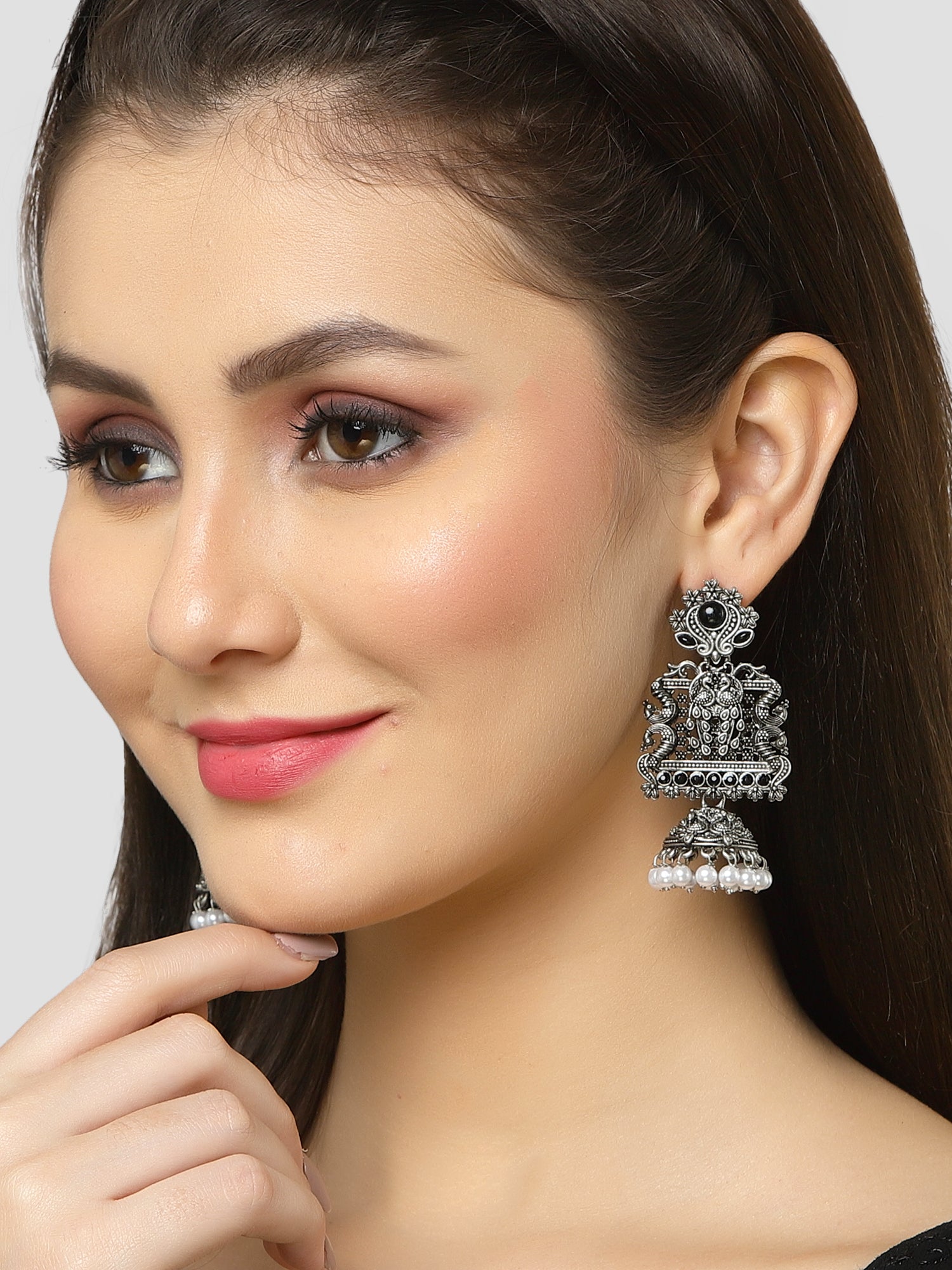 Karatcart Oxidised Silver Peacock Black Stone Studded Dangler Jhumki Earrings for Women - Image 1