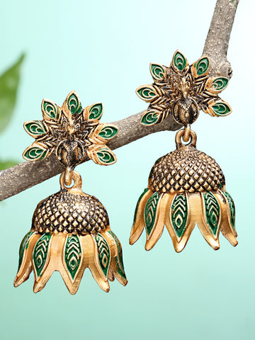 Karatcart Gold Plated Peacock Design Green Jhumki Earrings for Women