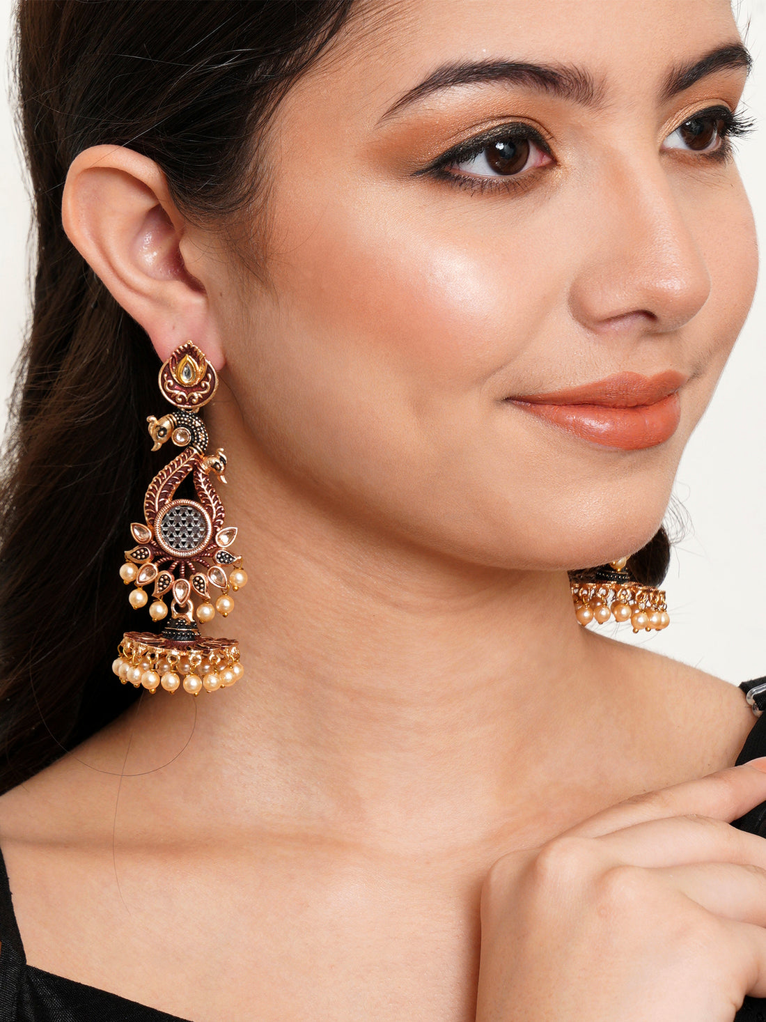 Karatcart Antique Gold Plated Kundan Studded Maroon Meena Peacock with Flat Jhumki Dangler Earrings