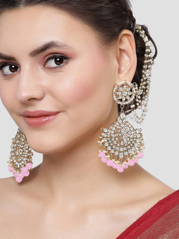 Karatcart Gold Plated Pink Beads Kundan Kaanchain Earrings for Women