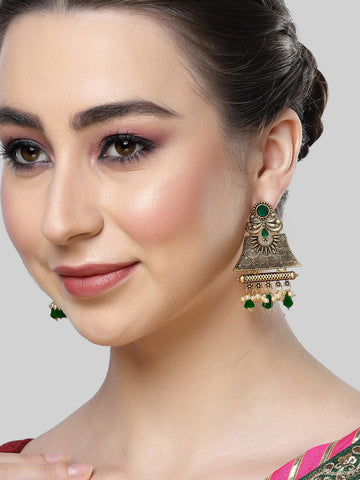 Karatcart Gold Plated Green Crystal Studded Engraved Dangler Earrings for Women