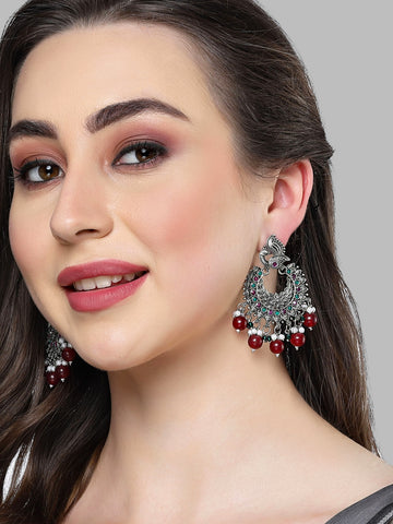 Karatcart Oxidised Silver Peacock Design Red and Green Kundan Dangler Earrings for Women