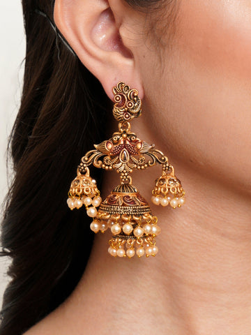 Karatcart Gold Plated Maroon Meena Double Jhumki Earrings for Women