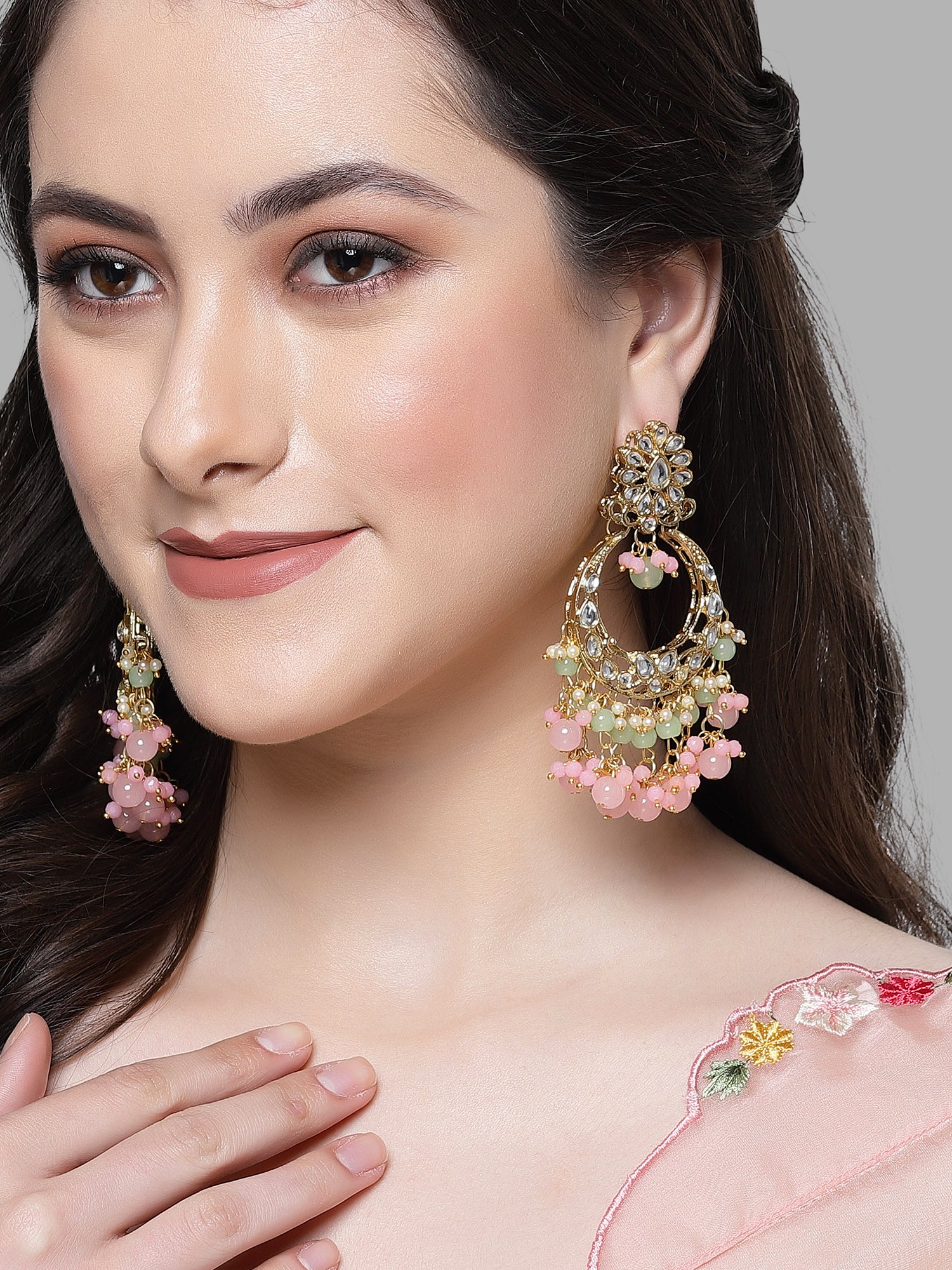 Karatcart Gold Plated Pink and Light Green Kundan Drop Earrings for Women - Image 1