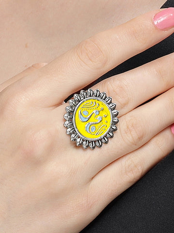 Karatcart Oxidised Silver Peacocok Design Yellow and Light Blue Meena Finger Ring for Women