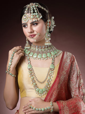 Karatcart Gold Plated Lime Green Enamel Ethnic Indian Traditional Kundan Dulhan Bridal Jewellery Set