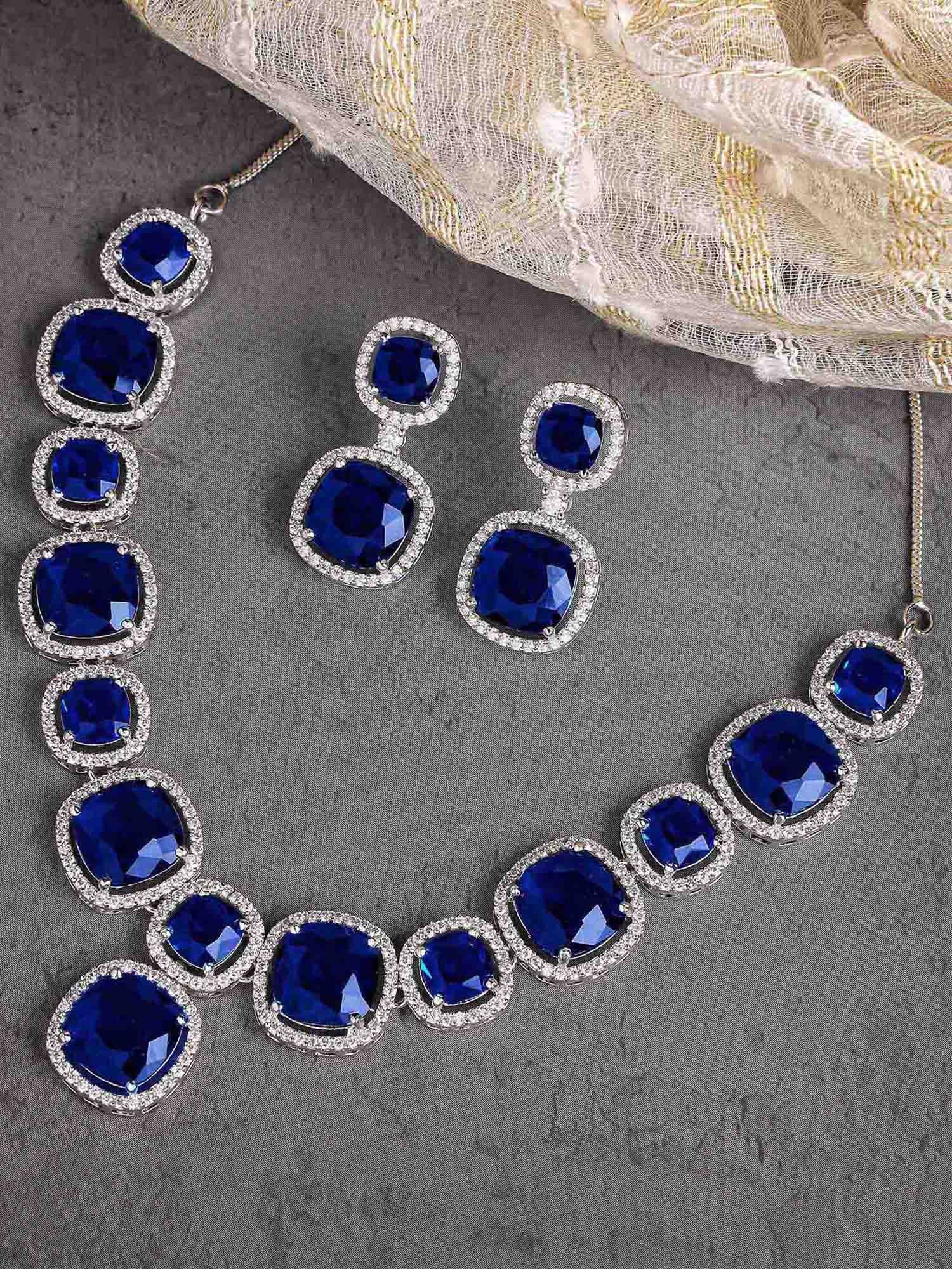 KARATCART Silver Plated American Diamond Classic Blue Jewellery