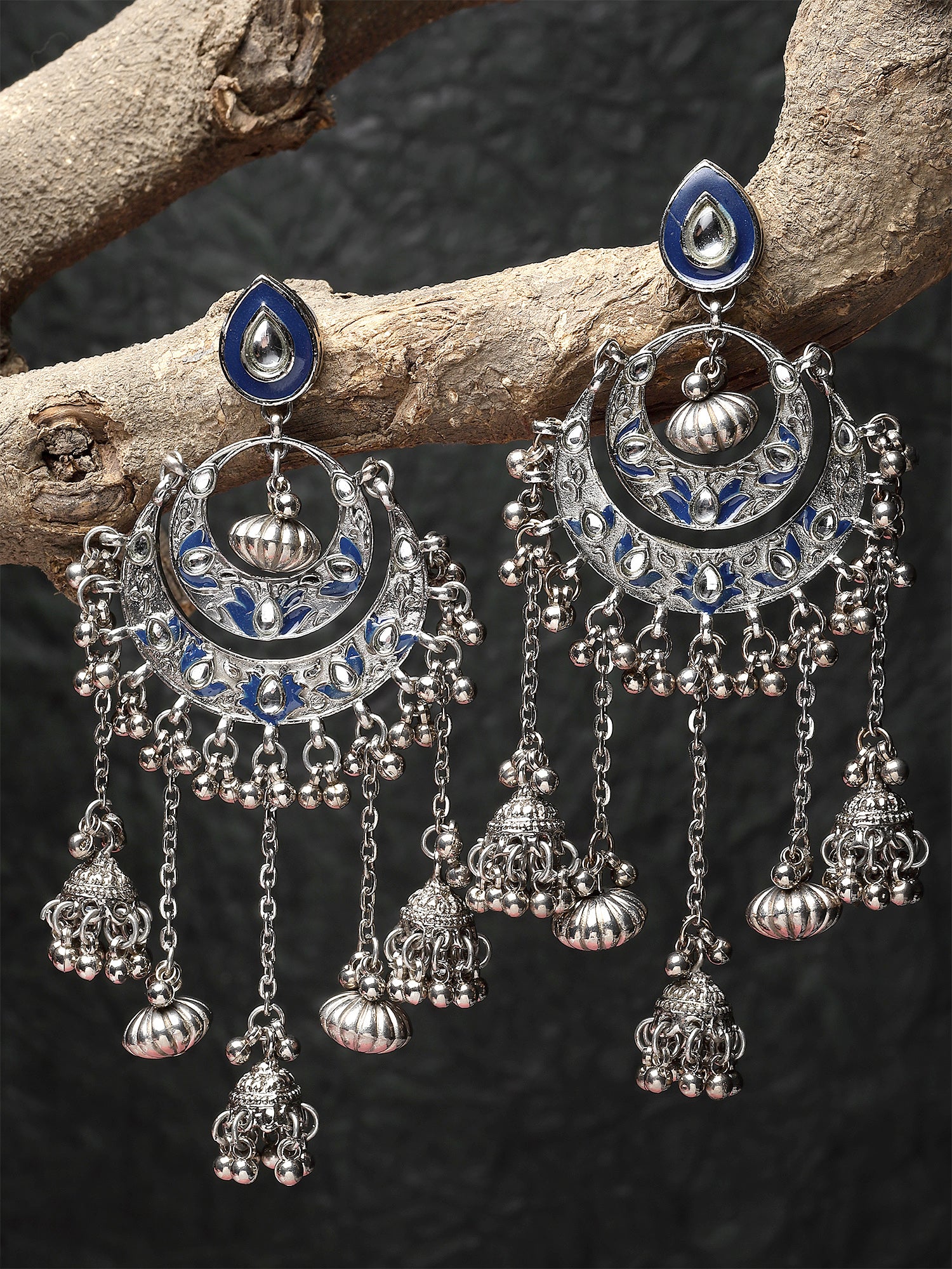 Karatcart Oxidised Silver Plated Blue Meena and Kundan Dangler Earrings for Women - view 3