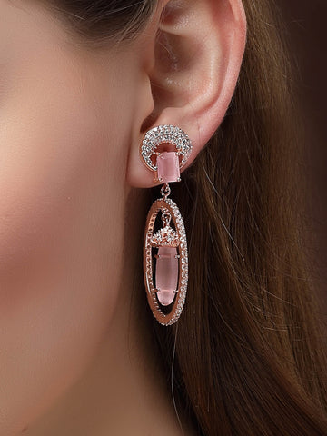 Karatcart Rose Gold Plated Pink Cubic Zirconia Studded Dangler Hoop Earrings for Women