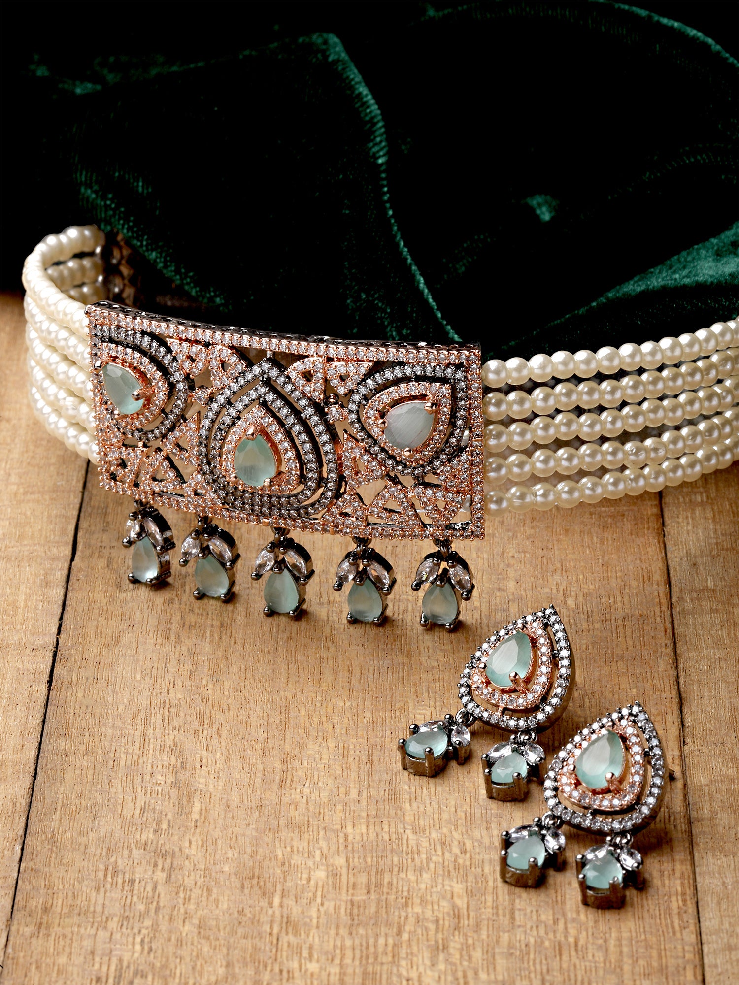 Karatcart Black Rose Gold Plated Pearl Beaded Cubic Zirconia Choker Necklace Set for Women - view 3