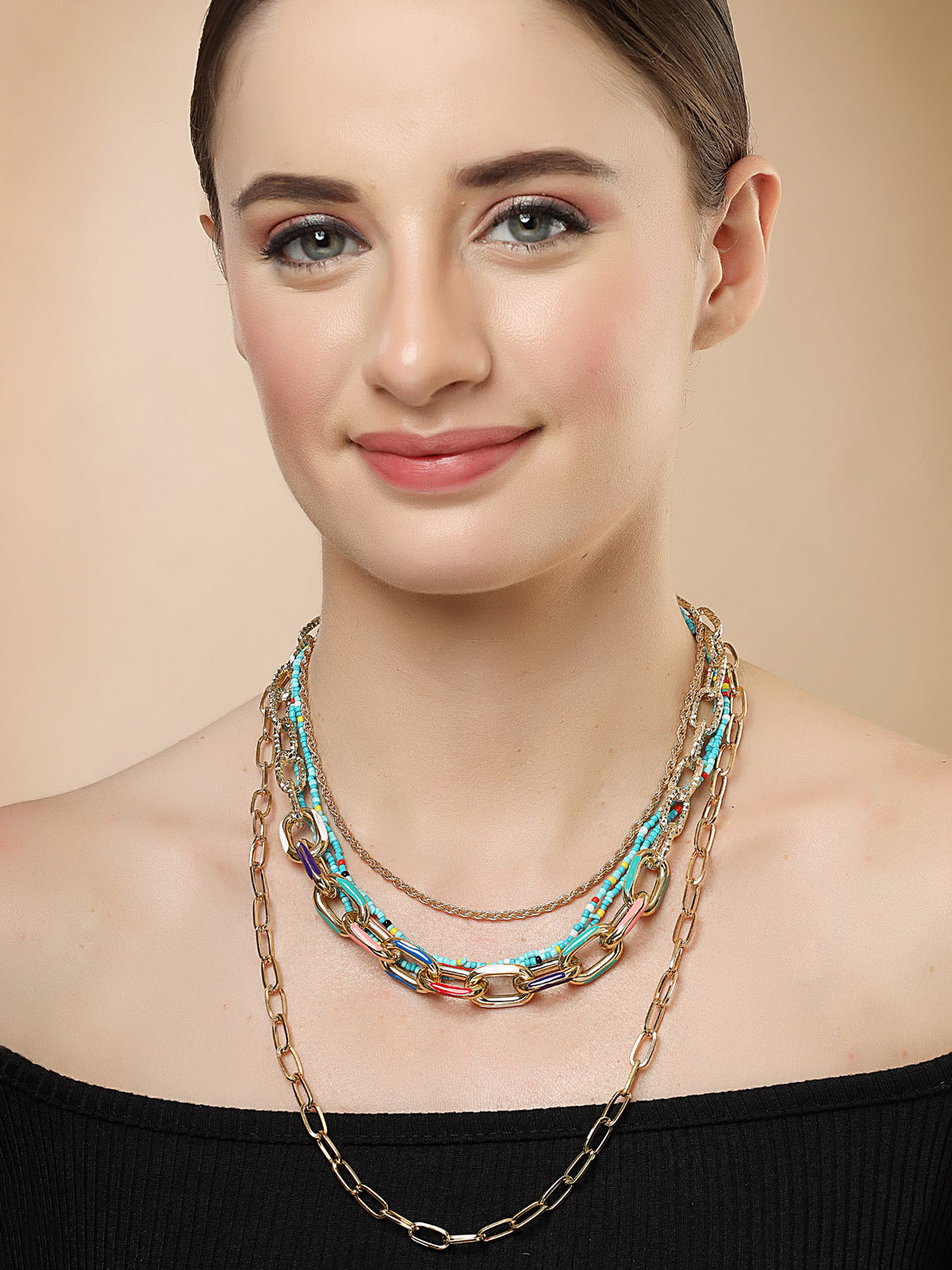 Bohey by KARATCART Gold-Plated Multicolor Enamel Multilayer Chain Necklace for Women