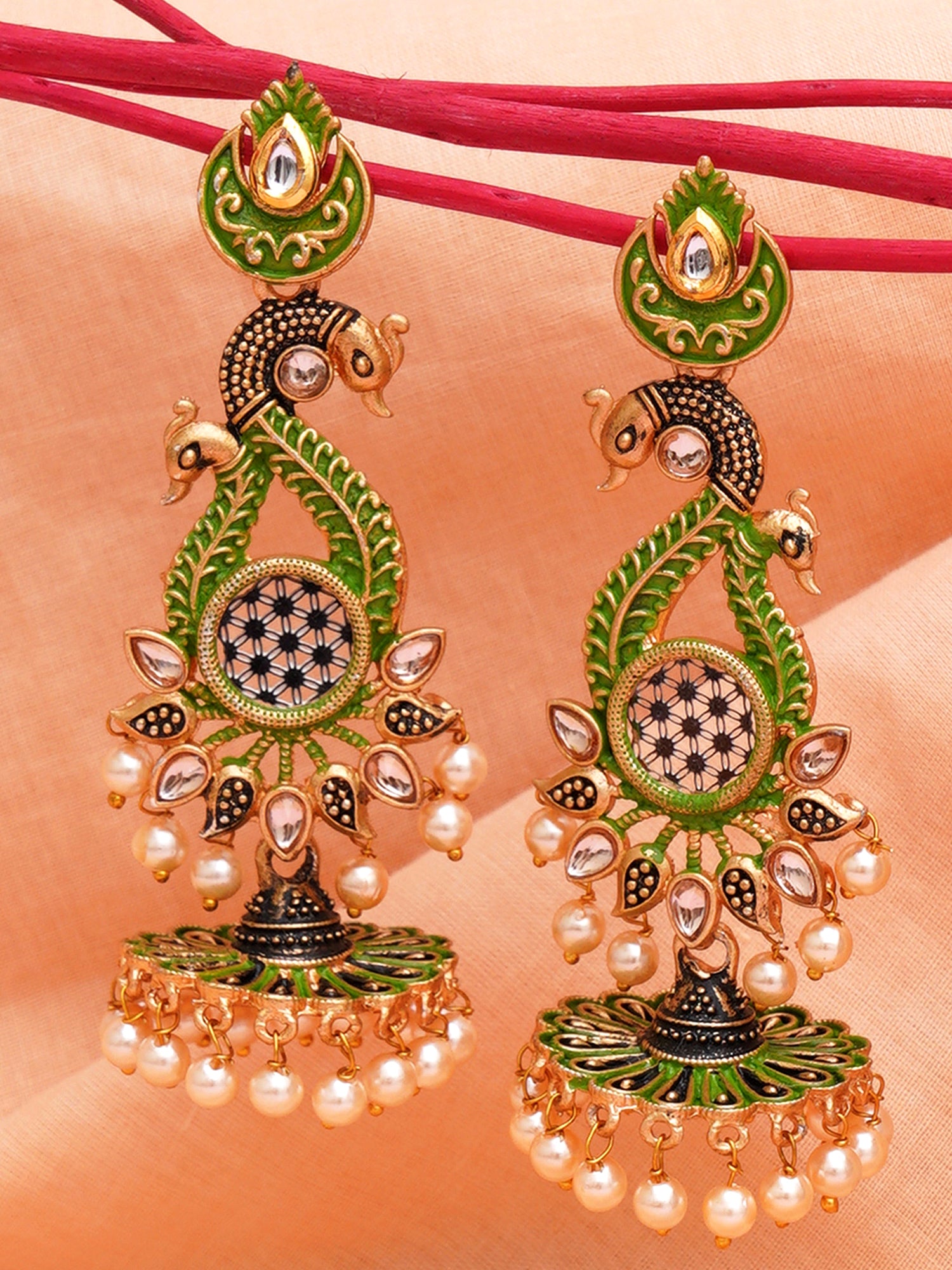 Karatcart Antique Gold Plated Kundan Studded Light Green Meena Peacock Flat Womens Jhumki Dangler Earrings - view 3