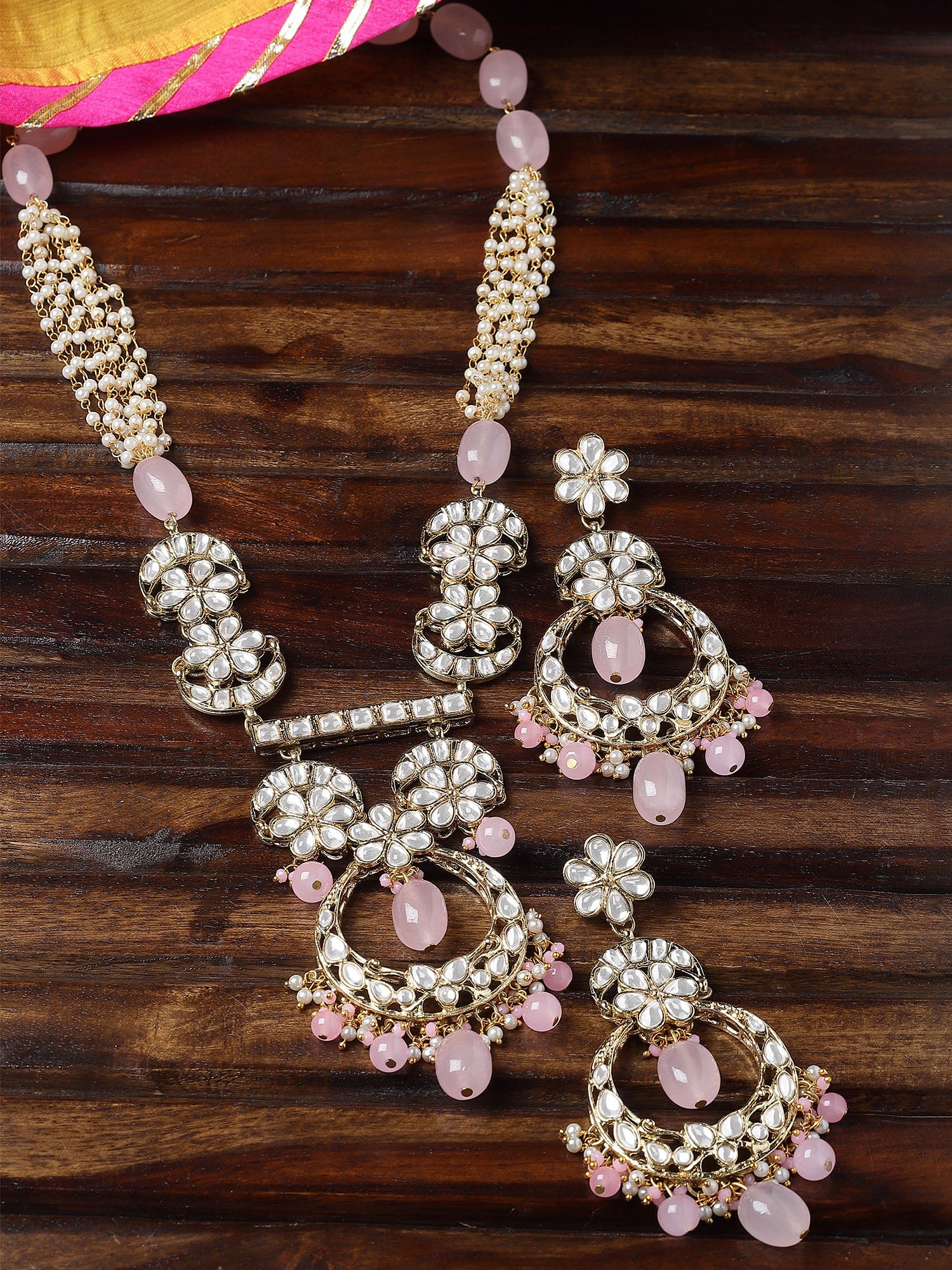 Karatcart Gold Plated Pink Tuble Kundan Rani Haar Necklace Set for Women