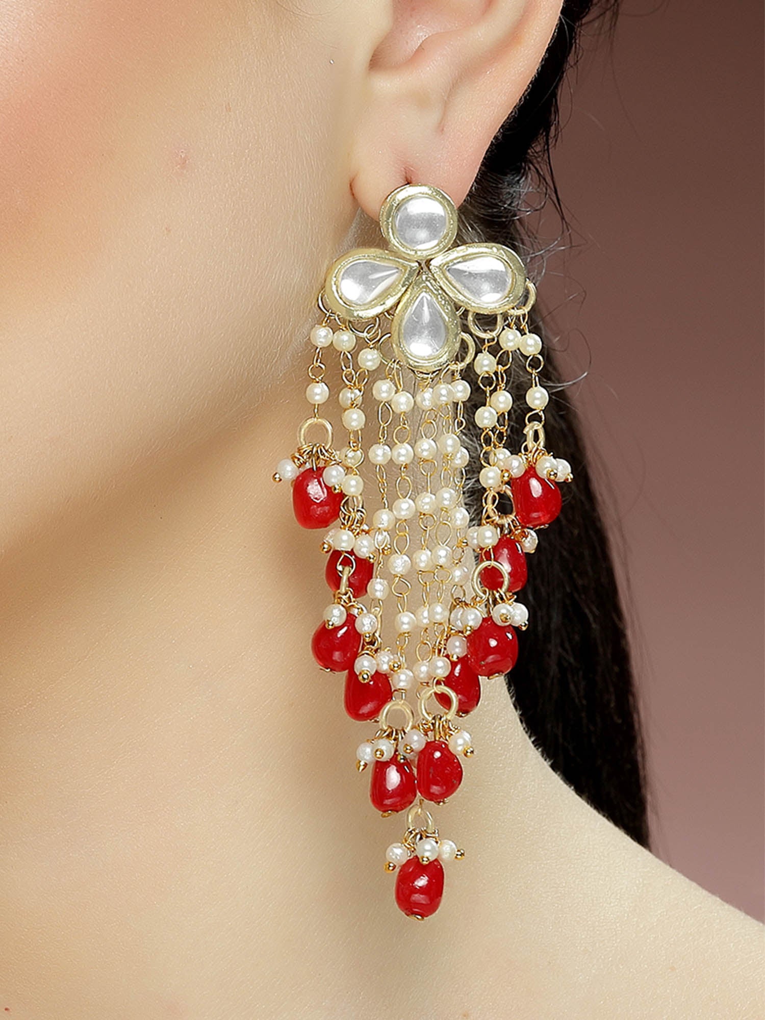 Karatcart Gold Plated Red Tumble Kundan Tassel Earrings for Women - Image 1
