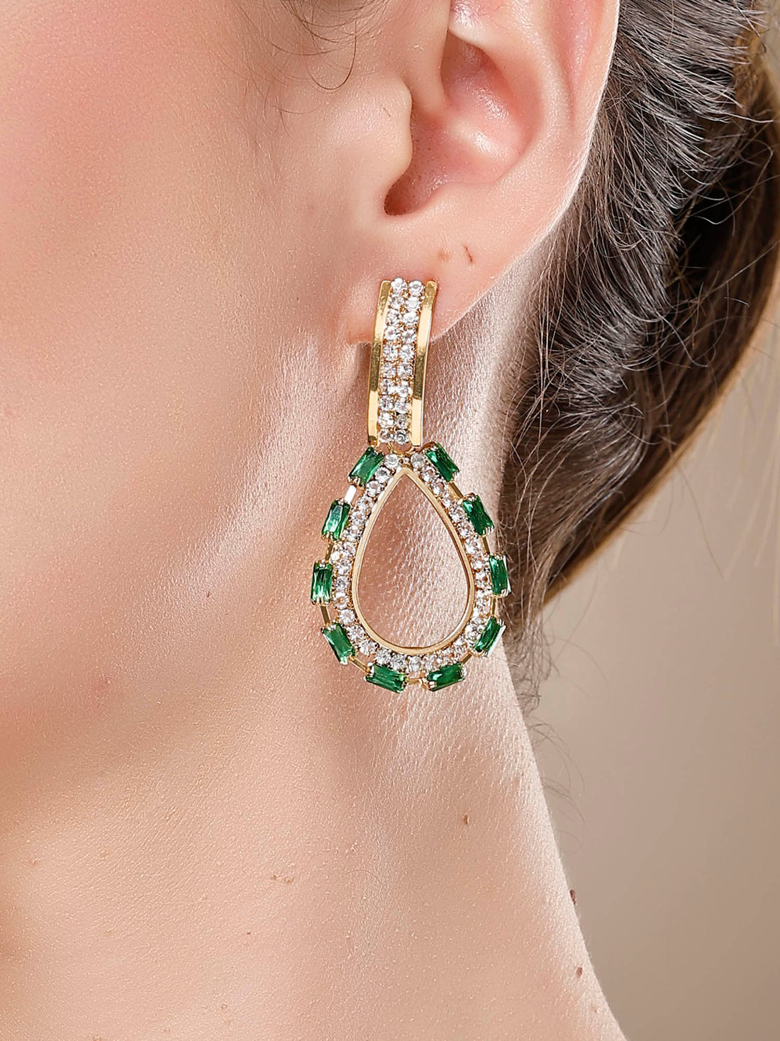 Bohey by KARATCART Gold-Plated Green Cubic Zirconia Studded Drop Earrings for Women