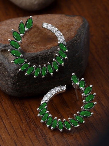 Karatcart Silver Plated Green Cubic Zirconia Leaf Design Hoop Earrings for Women