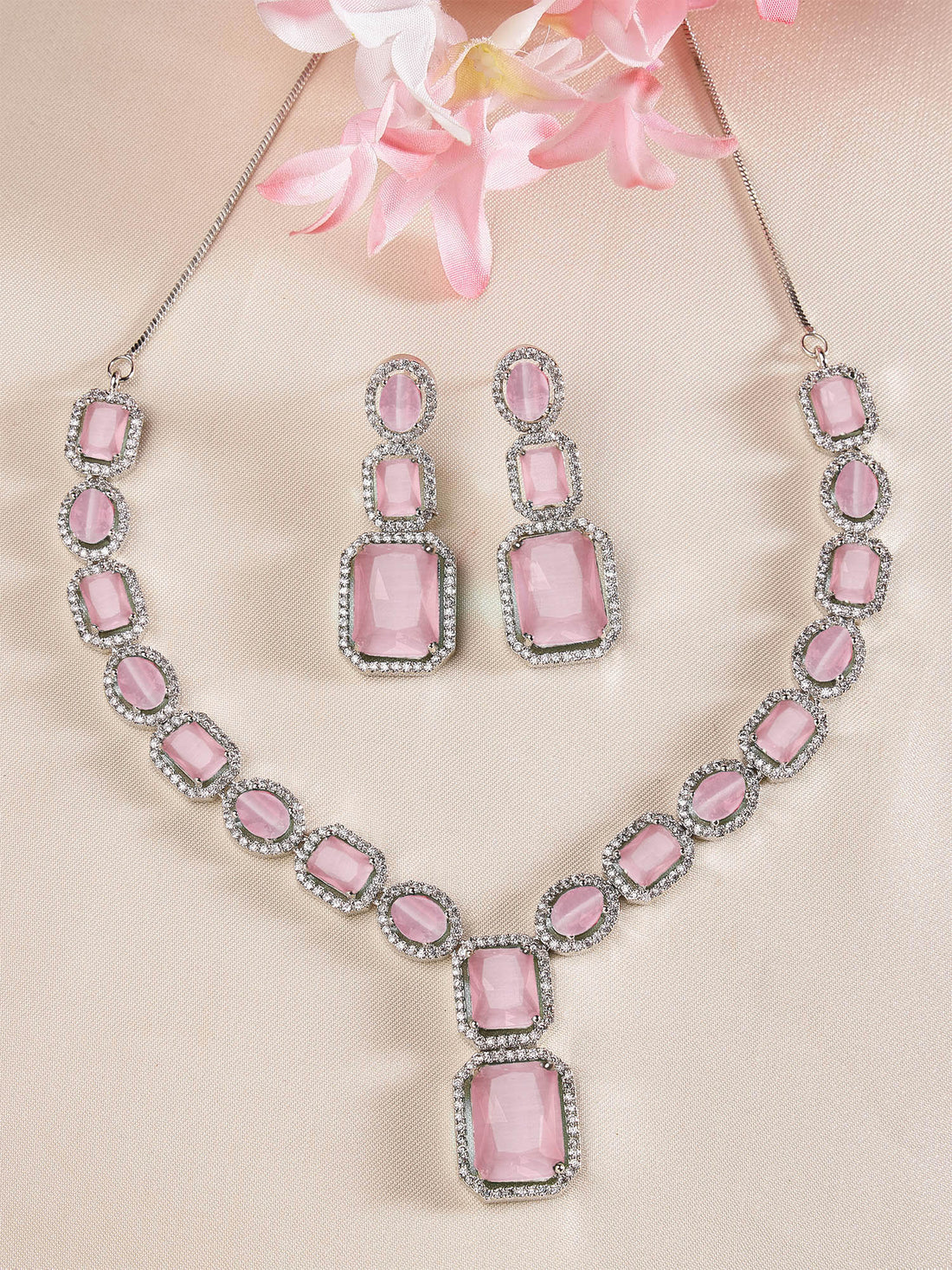 Karatcart Silver Tone Pink Cubic Zirconia Studded Necklace Set for Women