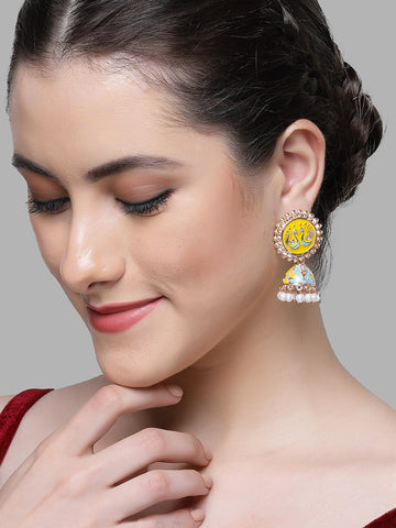 Karatcart Rose Gold Plated Peacock Design Yellow and Blue Meena Jhumki Earrings for Women