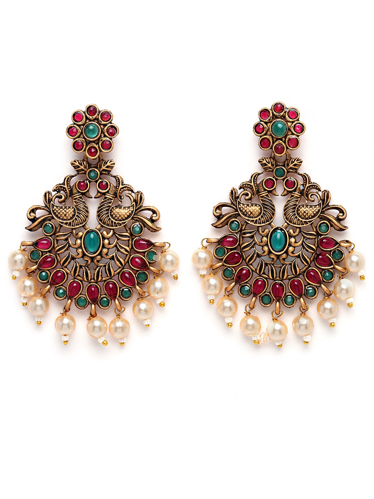 Karatcart Antique Gold Plated Red and Green Kundan Studded Dangler Earrings for Women - view 4