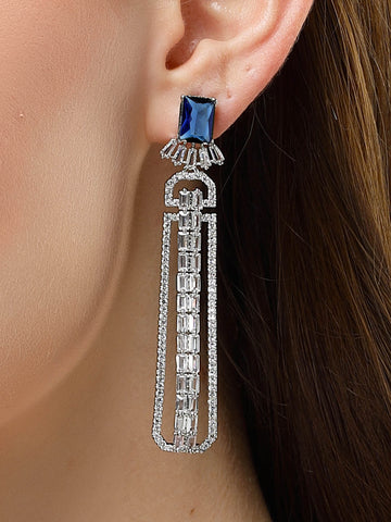 Karatcart Blue Cubic Zirconia Studded Silver Plated Long Drop Earrings for Women