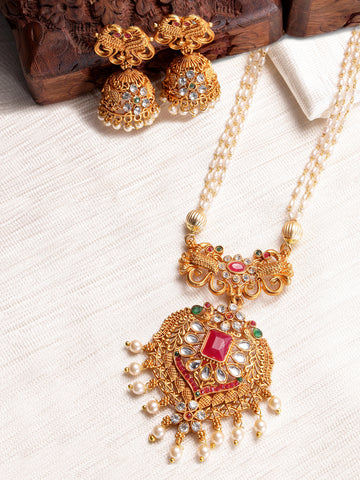 Karatcart Gold-Plated Stone-Studded Pearl Drop Beaded Temple Jewellery Set
