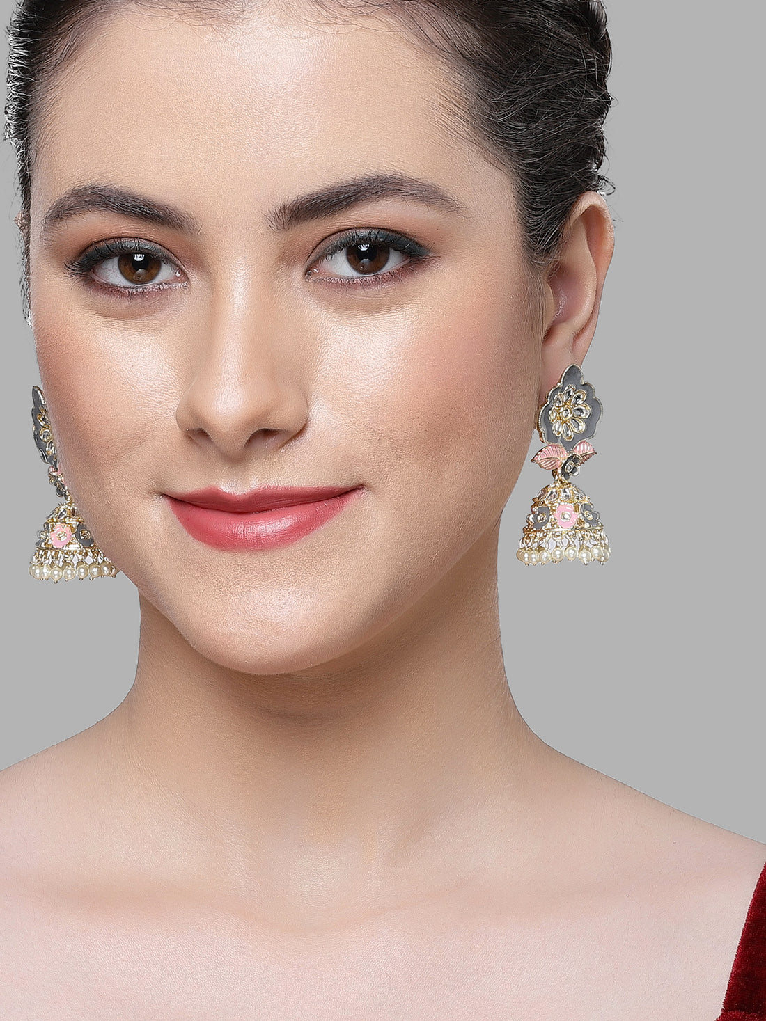 Karatcart Gold Plated Floral Design Grey and Pink Meena Kundan Jhumki Earrings for Women