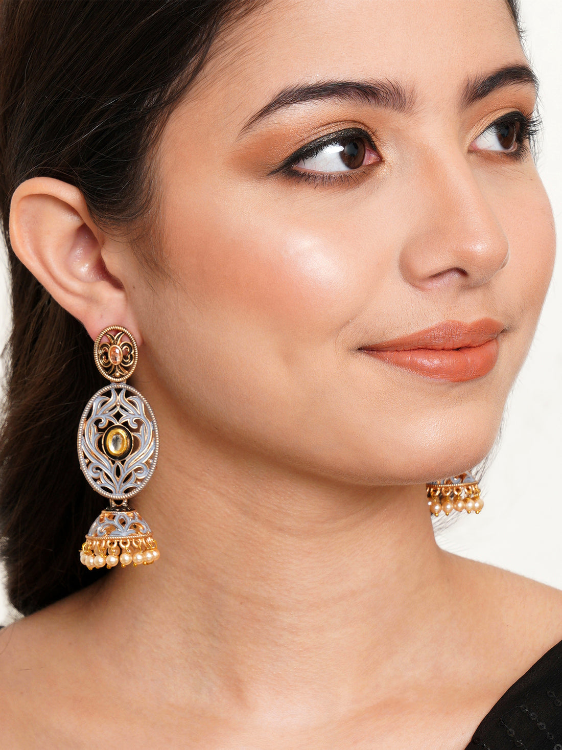 Karatcart Gold Plated Grey Meena Dangler Jhumki Earrings for Women