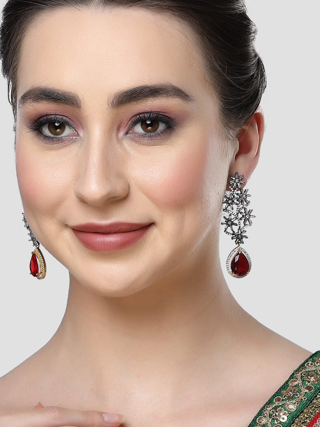 Karatcart Red Stone Studded Black Tone AD Earrings for Women