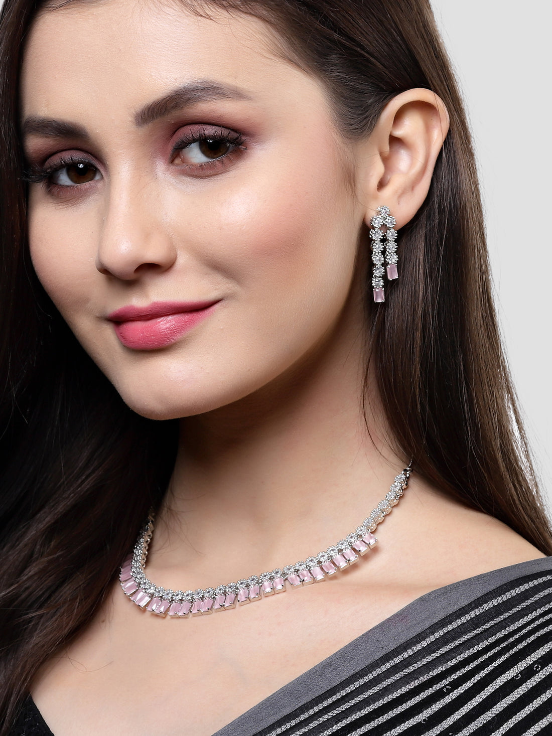 Karatcart Silver Tone Pink Cubic Zirconia Studded Necklace Set for Women