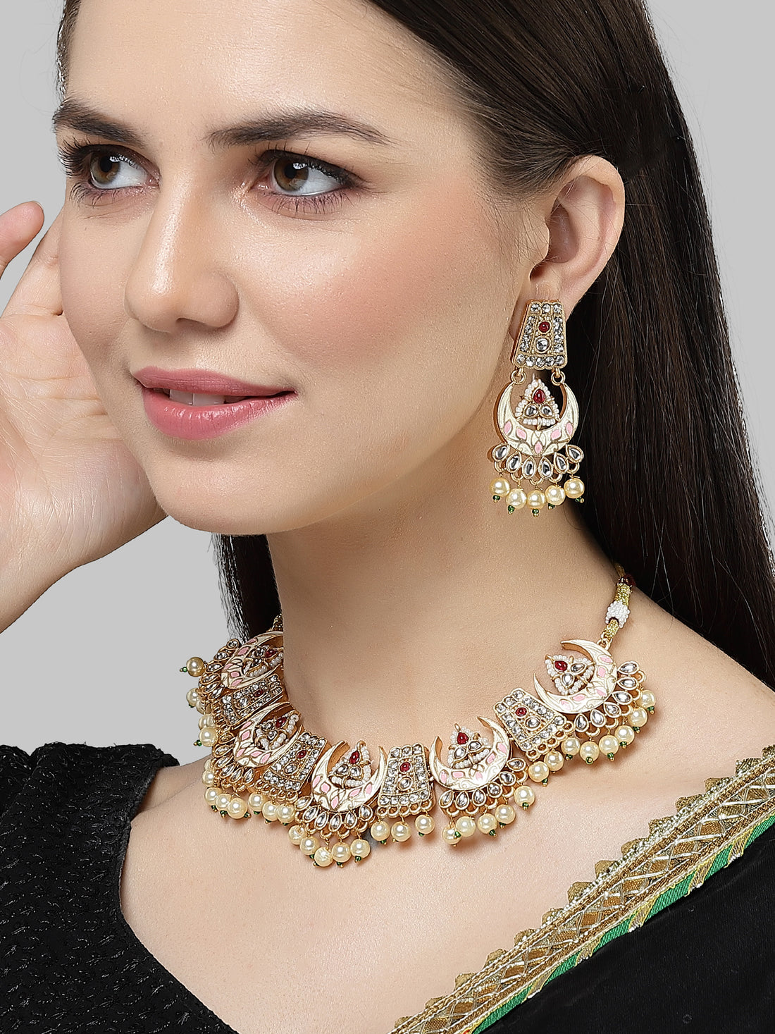 Karatcart Gold Plated White and Pink Meena Kundan Necklace Set for Women