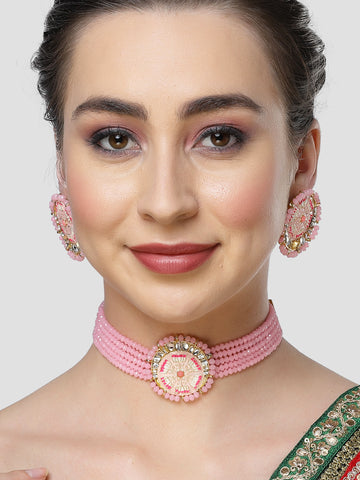 Karatcart Pink Meena Lotus Design Crystal Choker Necklace Set for Women