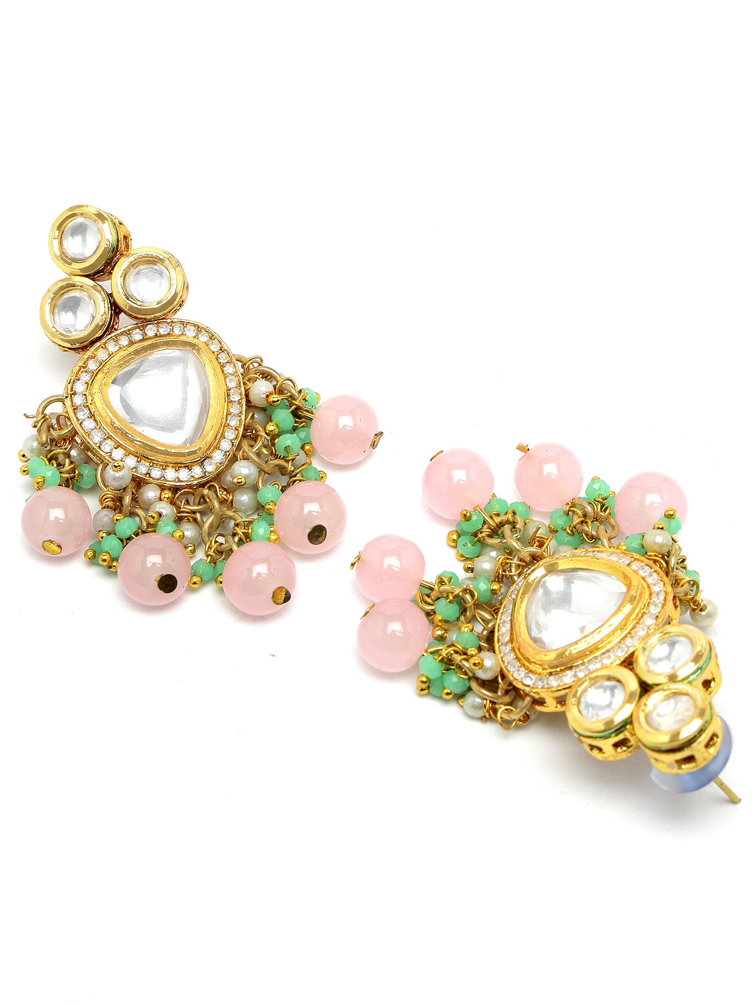 Karatcart Gold Plated Pink Beads Lime Green Crystals Kundan Drop Earrings for Women - view 5