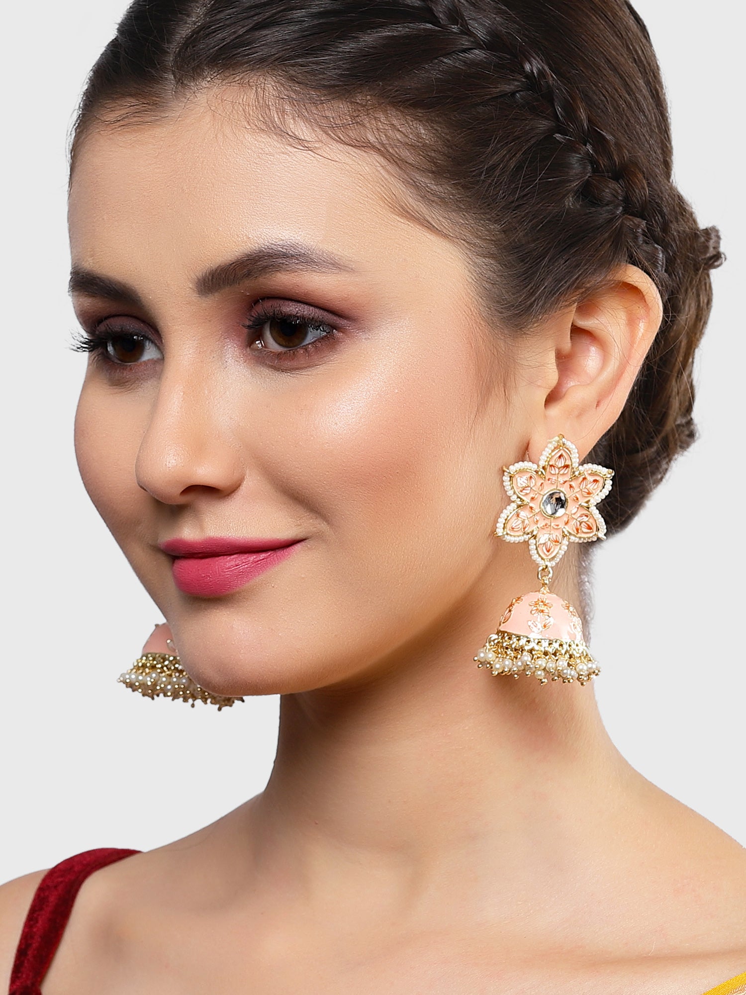 Karatcart Gold Plated Peach Meena Floral Shape Kundan Jhumki Earrings for Women - Image 1
