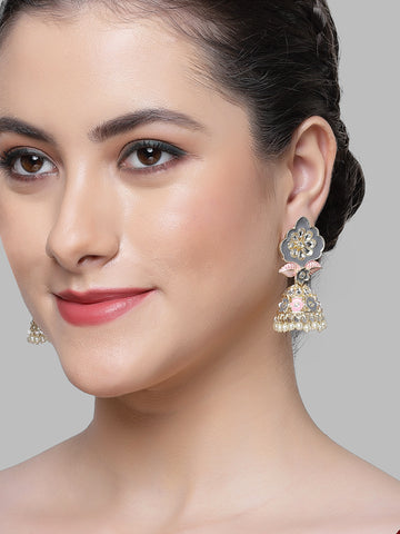 Karatcart Gold Plated Floral Design Grey and Pink Meena Kundan Jhumki Earrings for Women