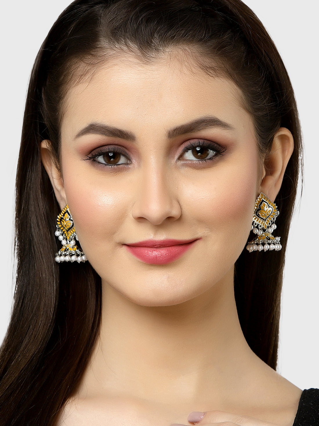 Karatcart Silver Plated Yellow Meena Jhumki Earrings for Women