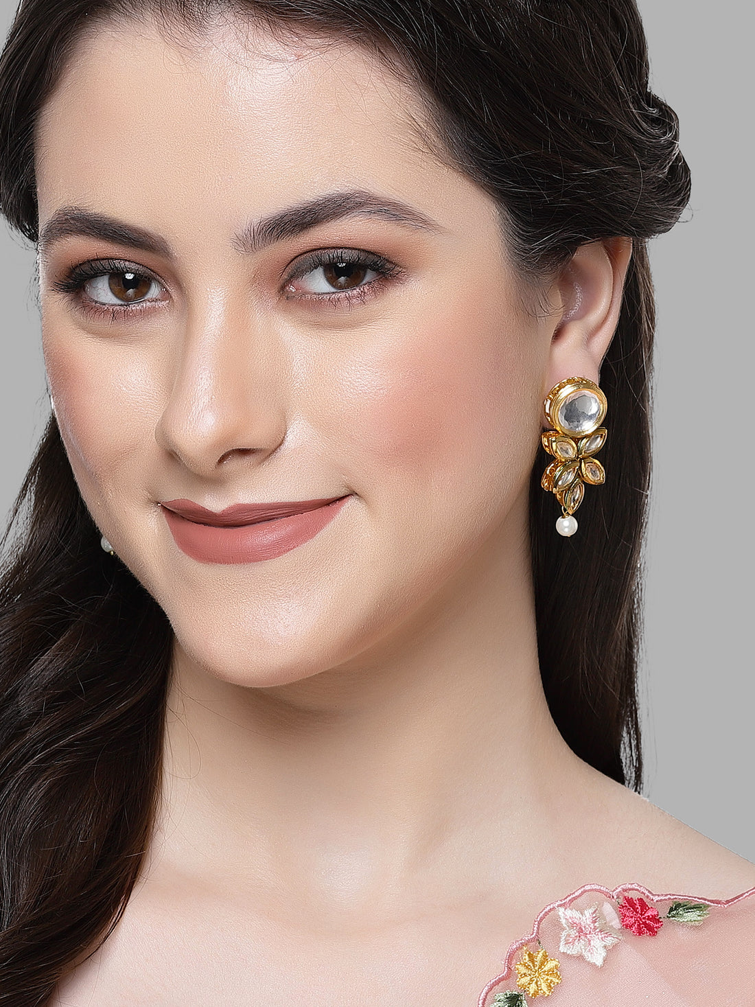 Karatcart Gold Plated Floral Polki Kundan and Pearl Drop Earring for Women