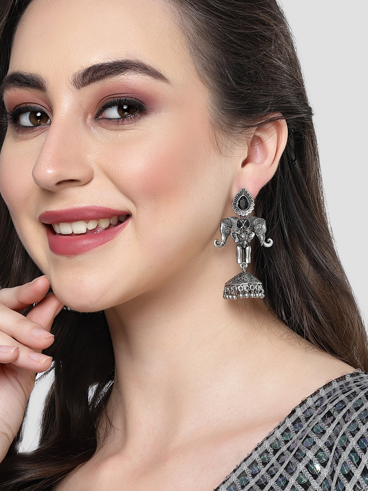 Karatcart Elephant Design Oxidised Silver Black Stone Flat Jhumki Earrings for Women